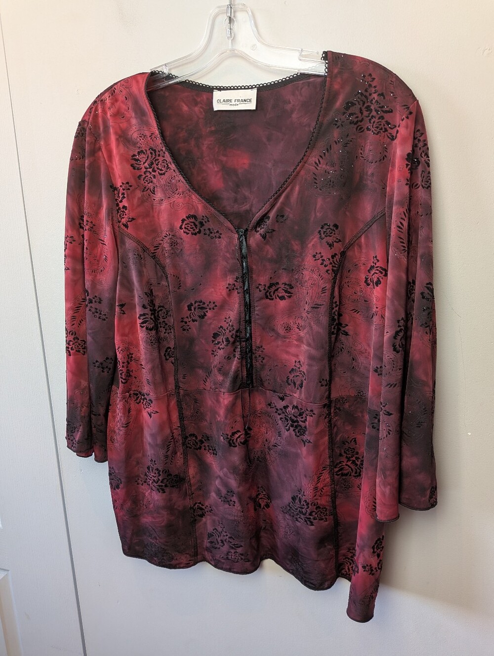 Y2K Vintage Claire France Plus Size Women Blouse Size 2X Flare Sleeve Floral Red